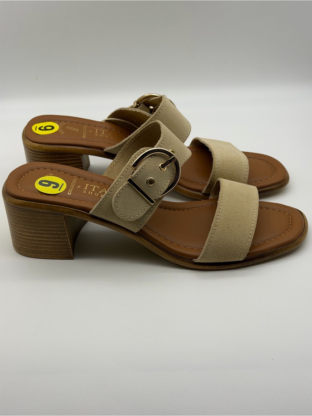 NWT Italian Shoemakers Beige Double-Strap Slide Sandals/ Gold Buckles 9 Italy